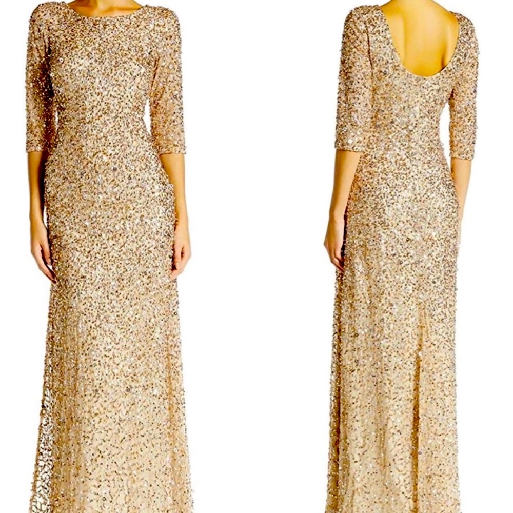 SEQUIN GOWN DRESS WITH THREE QUARTER SLEEVES IN GOLD COLOR